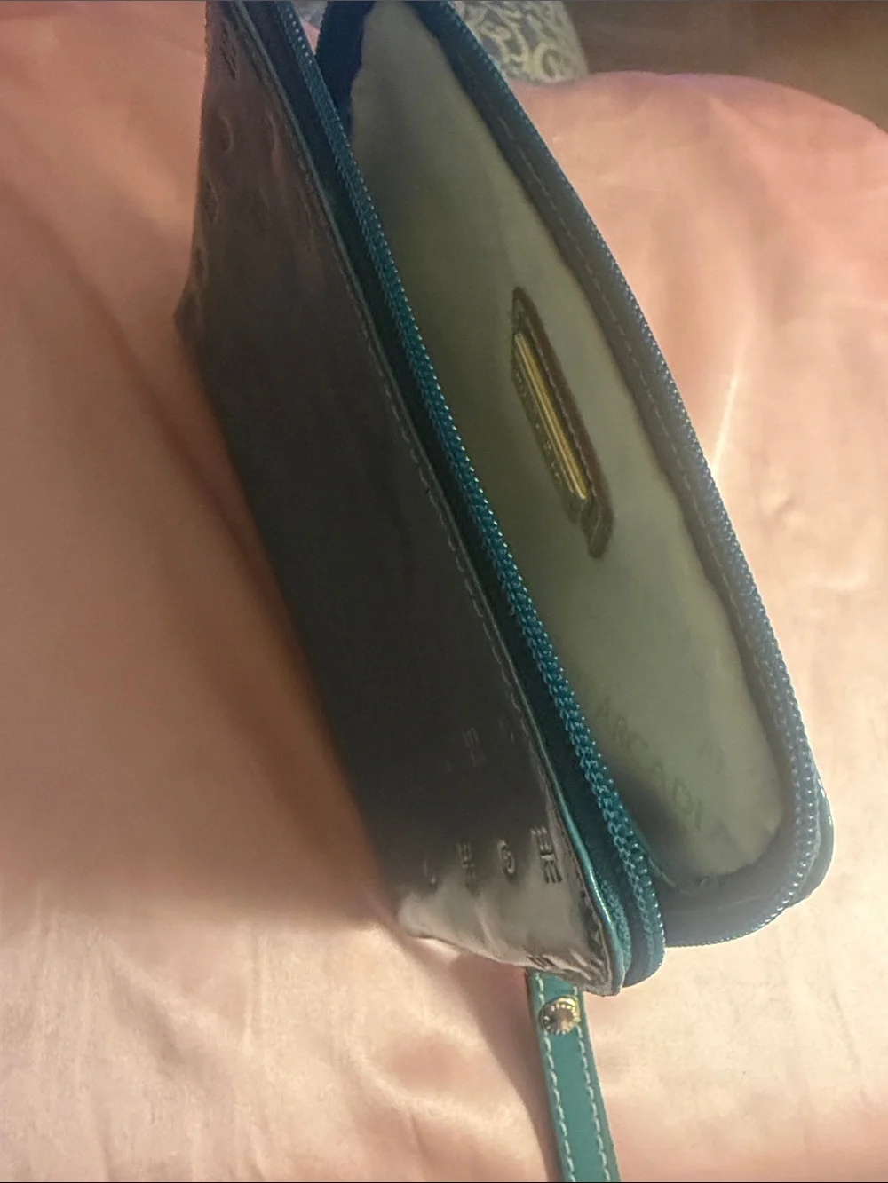 Arcadia Teal Interior Cosmetic Pouch with Gold Plaque